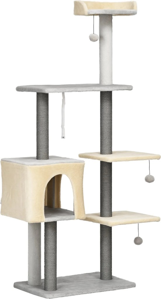 PawHut 156 cm magas macska kaparófa pihenőággyal, házzal, juta kaparófákkal, fából és plüssből, szürke és bézs | Aosom