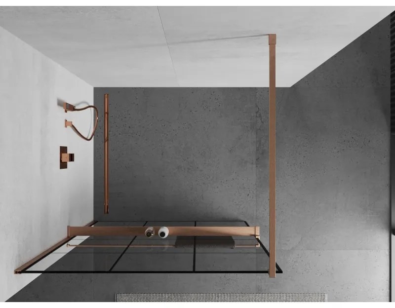 Mexen Kioto+, Walk-In zuhanyparaván polccal és akasztóval 110 x 200 cm, 8 mm átlátszó üveg fekete mintával, réz matt profil, 800-110-121-65-77