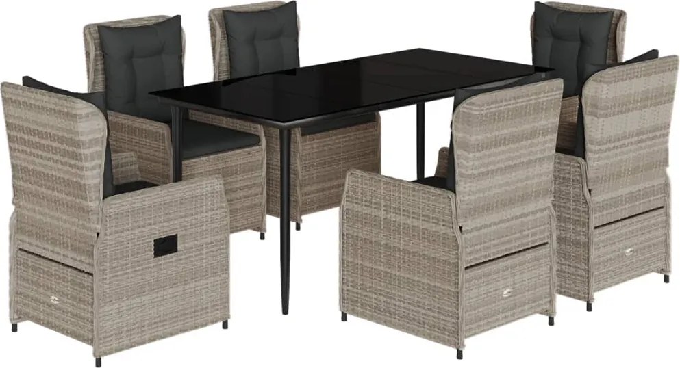 vidaXL 7 részes világosszürke polyrattan kerti étkezőszett párnával