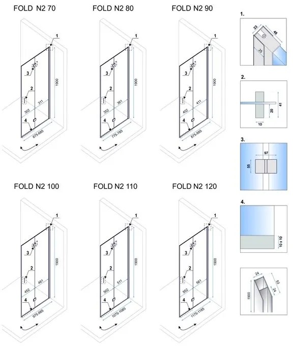 Rea Fold N2 zuhanykabin összecsukható ajtóval 110 (ajtó) x 70 (ajtó), 6mm átlátszó üveg, króm profil, KPL-07449
