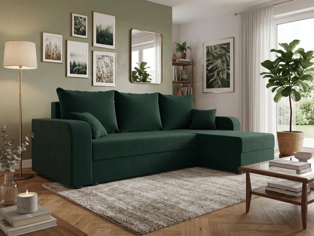 Ágyazható kétoldalas L alakú sarokülőgarnitúra VALERIO 238x140 cm, sötétzöld + 2 párna INGYEN