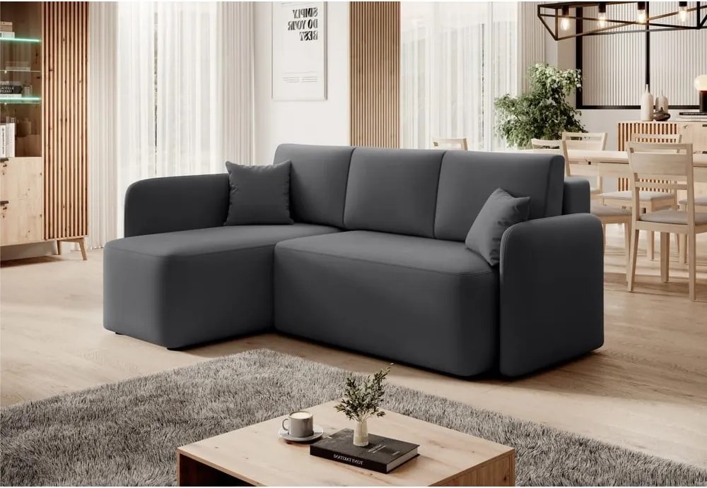 Szürkésbarna bársony kinyitható-tárolóhelyes sarokkanapé (bal oldali-heverő résszel) Hadson – ELTAP