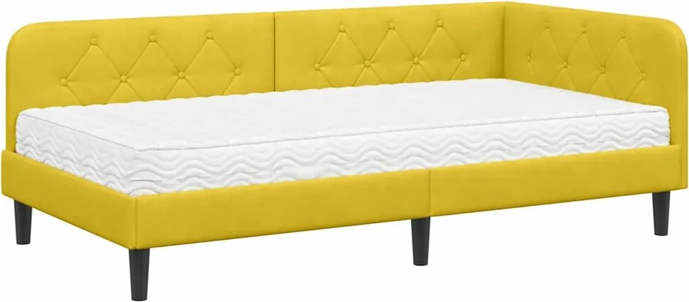 vidaXL Sarokágy keret matracmal fejtámlával Sárga 90 x 200 cm Bársony