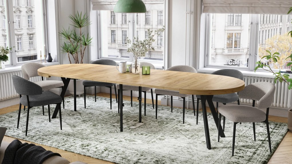 Mazzoni VITO Anyagminta Arany Tölgy/fekete lábak - LOFT/IPARI STÍLUSÚ 310 cm-re BŐVÍTHETŐ NAGY KEREK ASZTAL Ø110 Y LÁBAKKAL