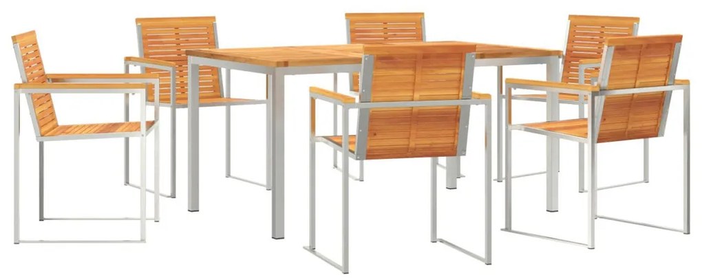 7 Darabos Kert Étkezőszett Tömör Akácfából, Kültéri Étkezőasztal 150x90x75 cm Tömör Akácfából