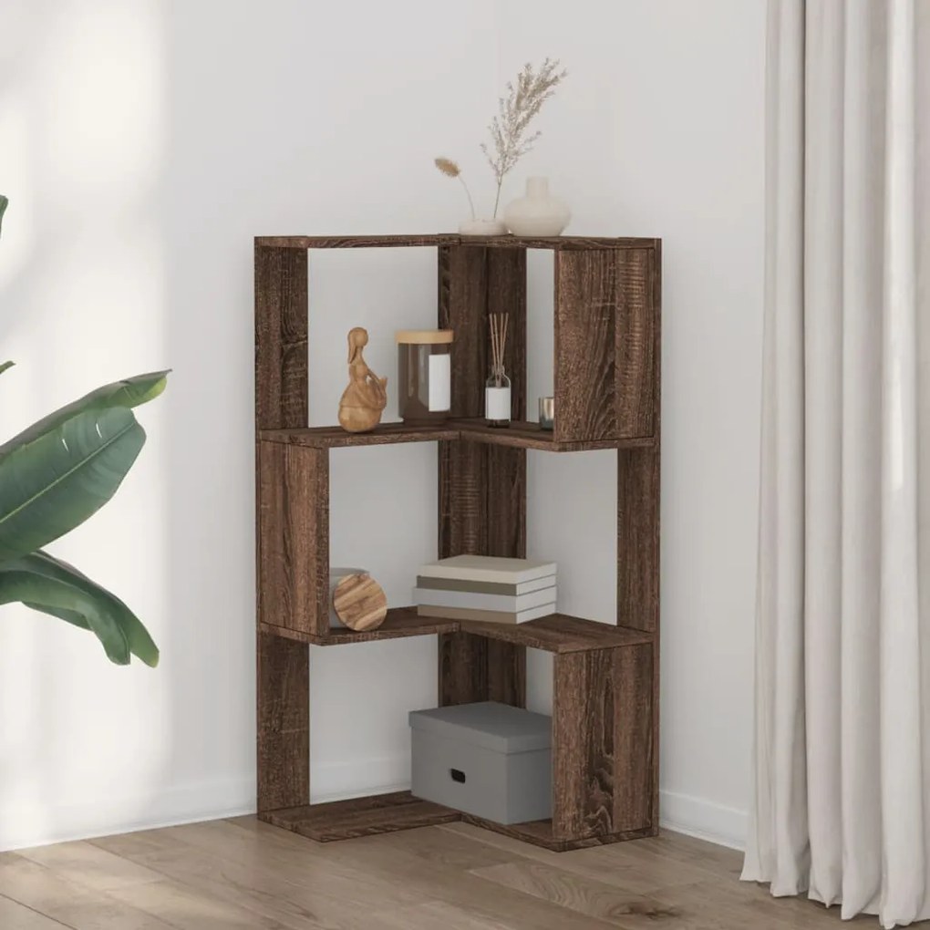 3 szintes barna tölgy szerelt fa sarok könyvespolc 50x50x102 cm