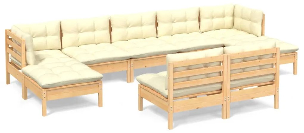 9 részes fenyőfa kerti ülőgarnitúra krémszínű párnákkal