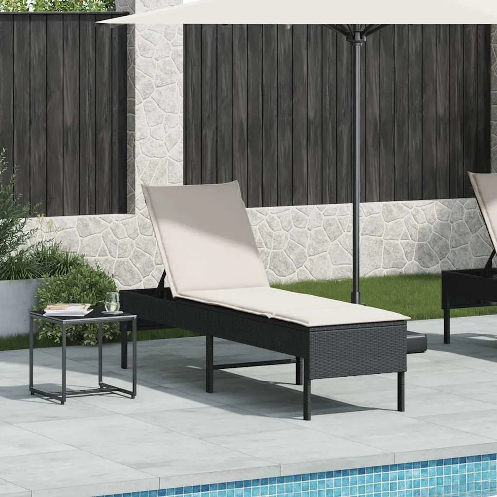 fekete polyrattan napozóágy párnával 55x200x44 cm