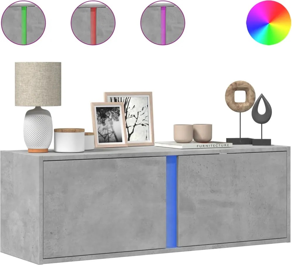vidaXL betonszürke falra szerelhető TV-szekrény LED-del 100x31x35 cm