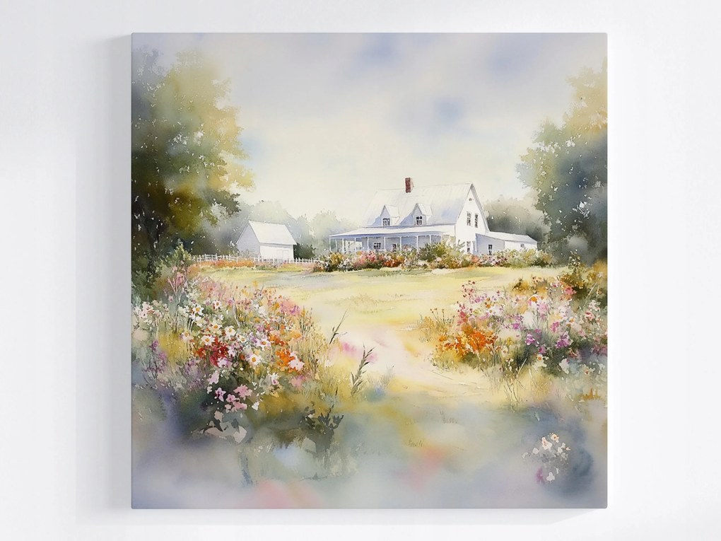 Vászonkép Canvas Tájkép Falu Ház Veranda Virágok Tavasz Nyár 40x40