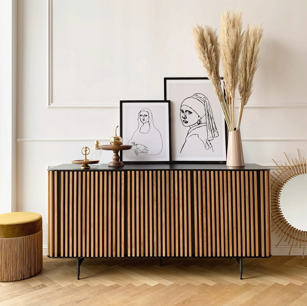 Linea komód tölgyfa lamellák 159x45x76 cm tölgy furnérral