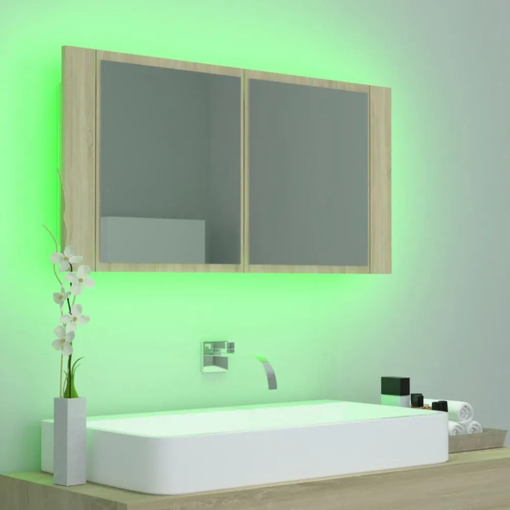 tölgyszínű akril LED-es tükrös fürdőszobaszekrény 90x12x45 cm