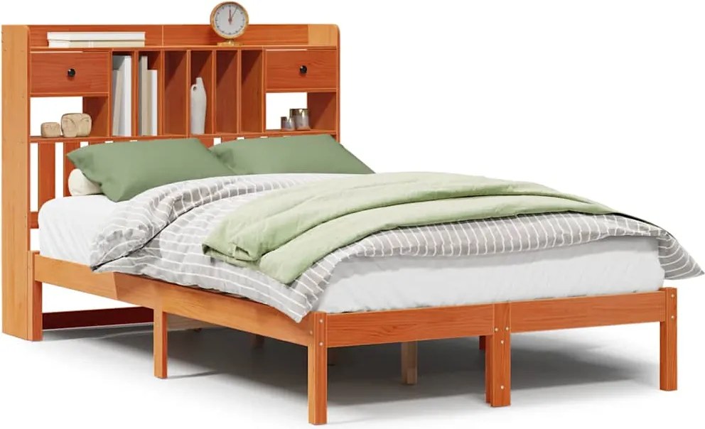 vidaXL barna tömör fenyőfa könyvespolcos ágy matrac nélkül 135 x 190cm