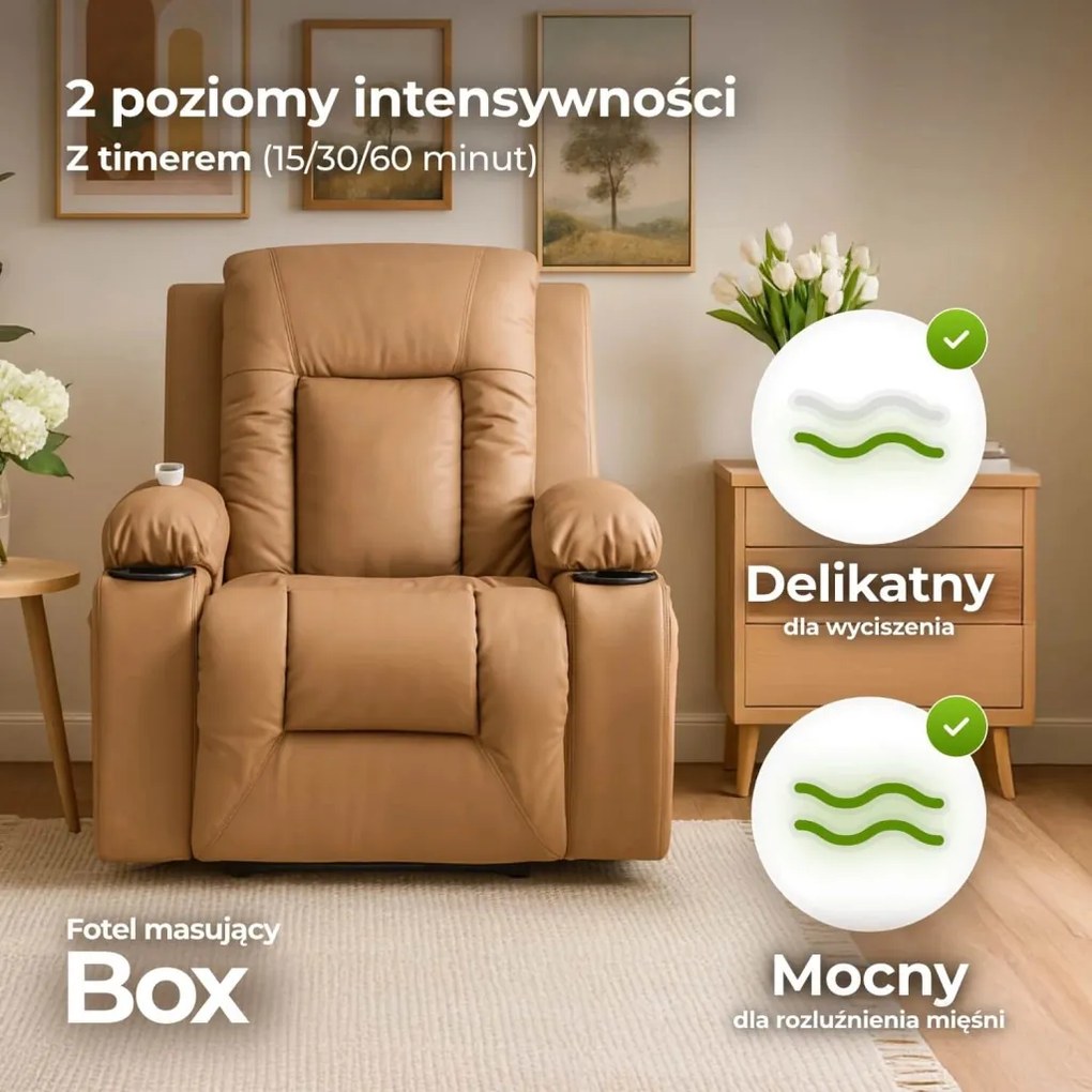 Fotel Masujący BOX Rozkładany z Podnóżkiem Karmelowy Ekoskóra