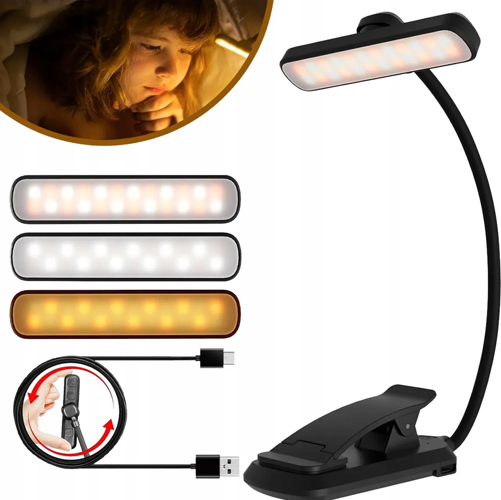 Gyerek íróasztali led lámpa olvasócsipesszel, fekete