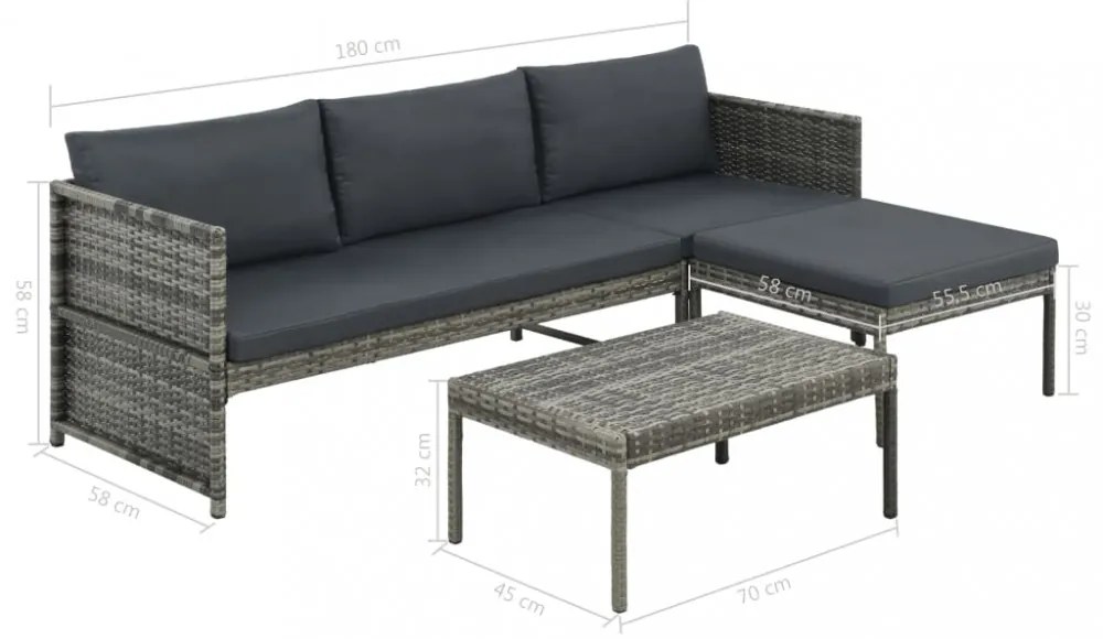 3-részes szürke polyrattan kerti bútorszett párnákkal