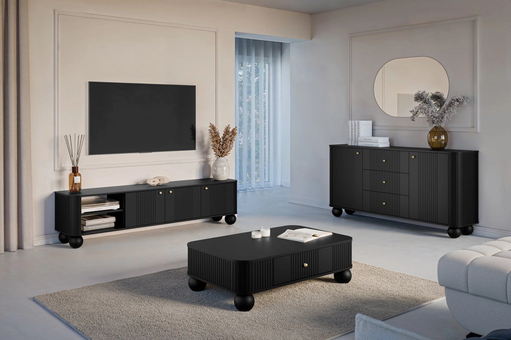 Vesper 3D tévéállvány 187 cm – fekete / arany fogantyúk / gömb alakú lábak