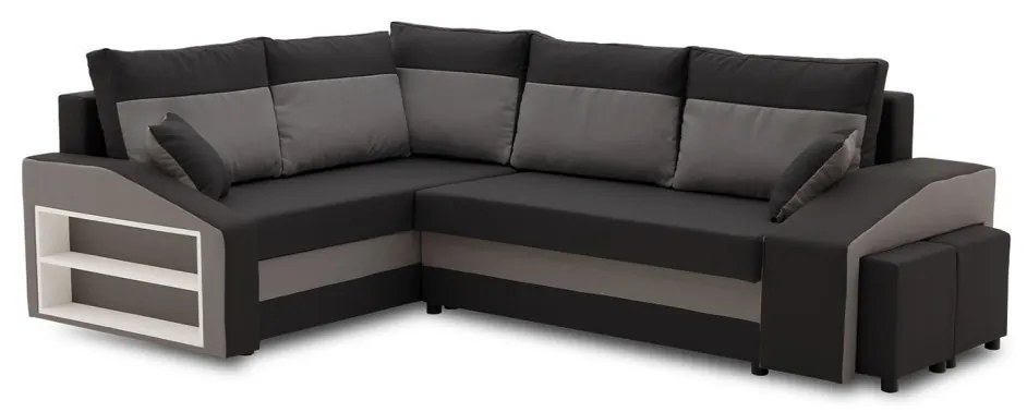 Grande sarokkanapé polcokkal és puffokkal , polc a bal karfaban puffok a jobb karfaban, baloldali, szövet anyag, hab töltet, fekete - szürke