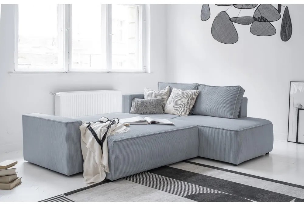 Világosszürke kordbársony kinyitható sarokkanapé (jobb oldali) Brave Dave – Miuform