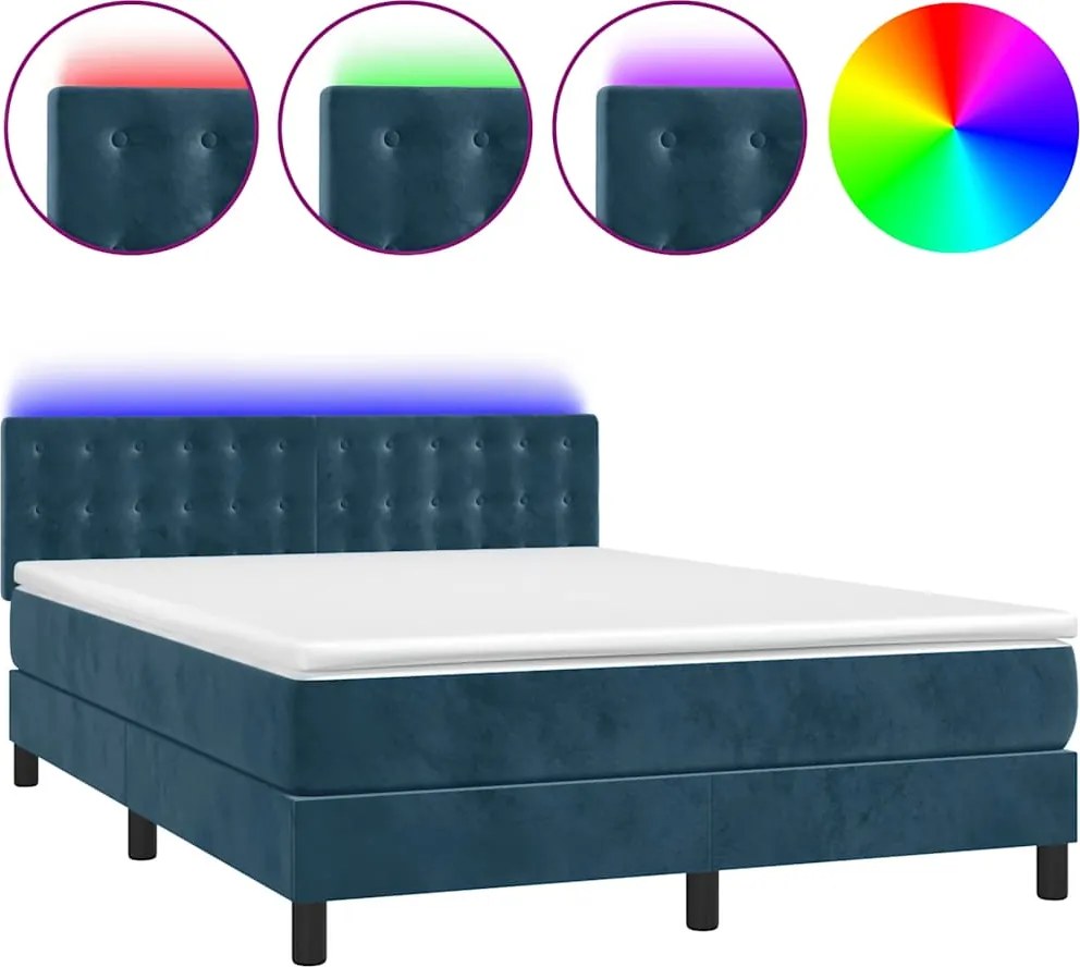 vidaXL sötétkék bársony rugós és LED-es ágy matraccal 140x190 cm