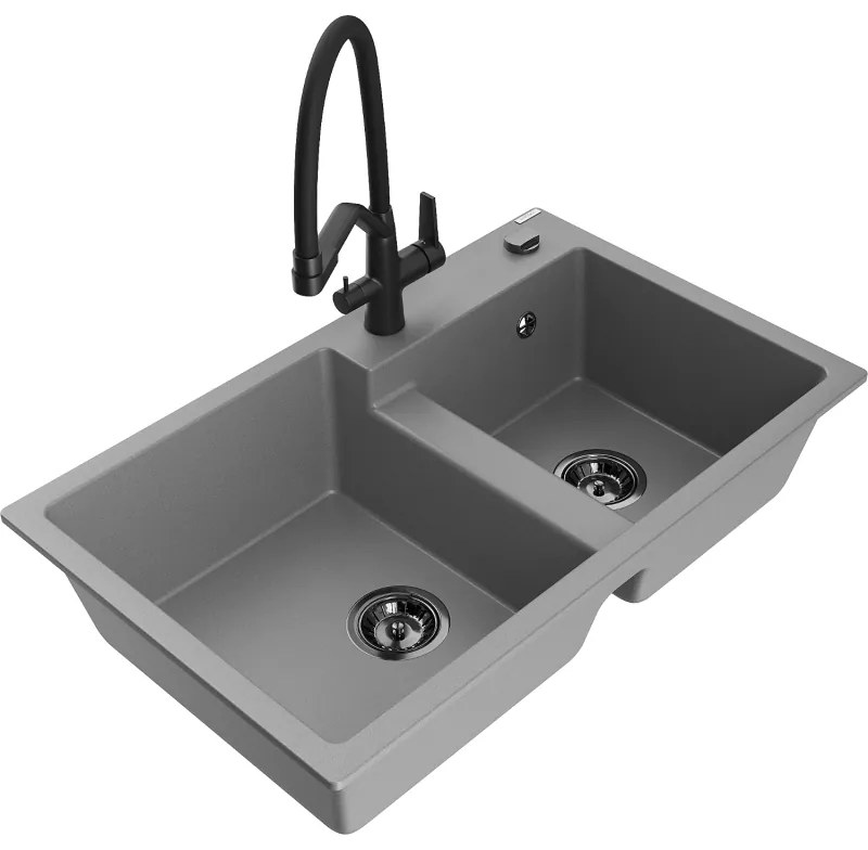 Mexen Tomas gránit konyhai mosogató 2 rekeszes, Duo csapteleppel, szürke - 6516-71-671701-70-B