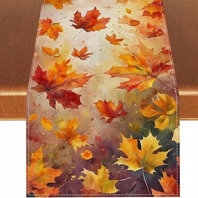 Asztalterítő len utánzat 33x183cm Őszi levelek narancssárga szín