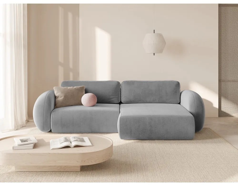 Világosszürke bársony kinyitható-tárolóhelyes sarokkanapé Tonale – Cosmopolitan Design