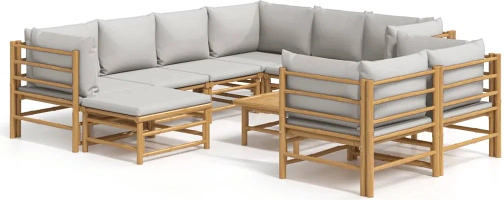 vidaXL 10 részes bambusz kerti ülőgarnitúra világosszürke párnákkal