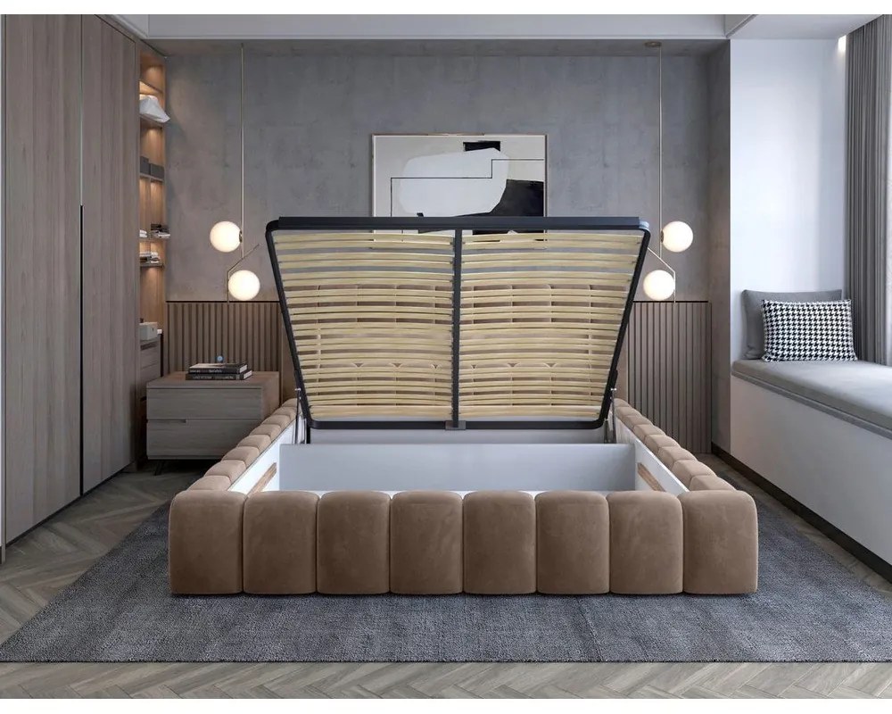 Világosbarna kárpitozott ágyneműtartós franciaágy ágyráccsal 180x200 cm Lamica – ELTAP