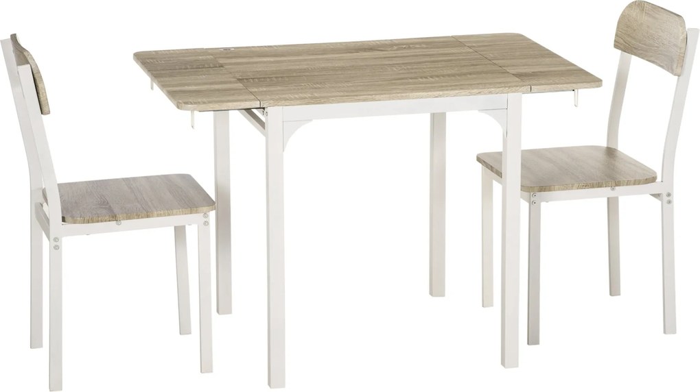 HOMCOM 3 részes étkezőszett 2 székkel és 1 asztallal - Összecsukható asztallap a konyha kis helyeire - Acél MDF Természetes Fehér 110 x 70 x 75 cm | A