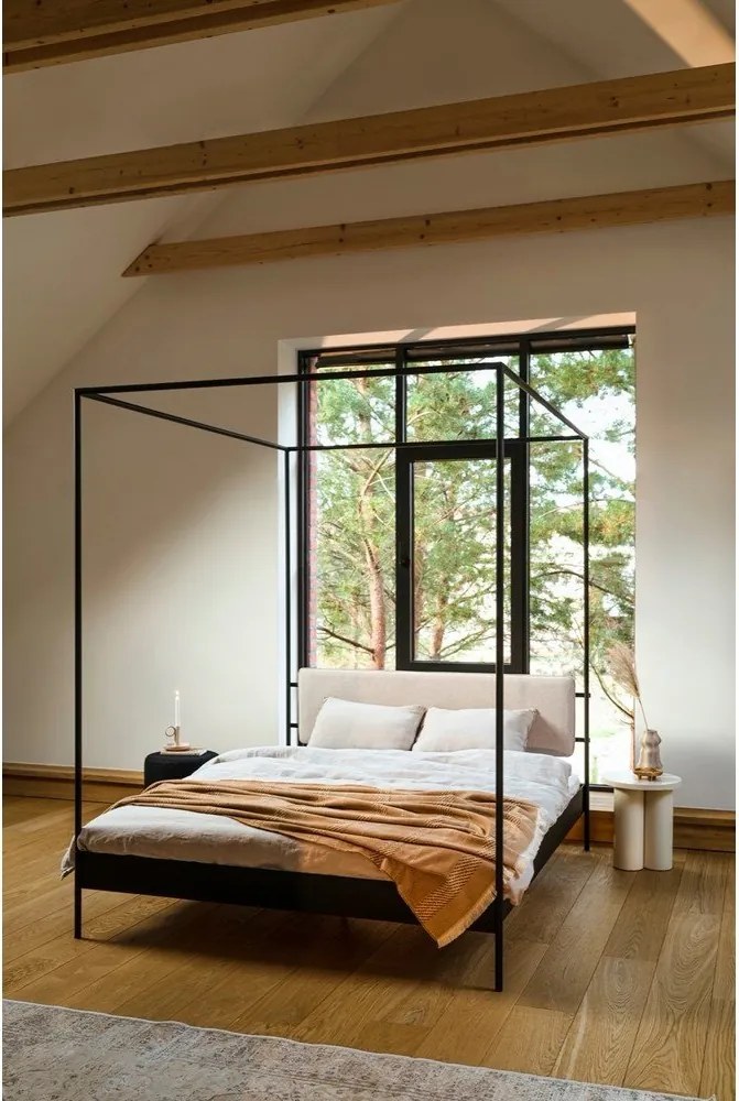 Fekete-bézs acél kárpitozott baldachinos franciaágy ágyráccsal 180x200 cm Eton – noo.ma