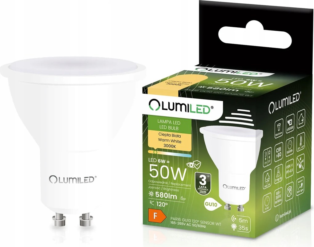 Led Izzó GU10 Reflektor 6W 50W 580LM 3000K 120° Mozgásérzékelő Lumiled