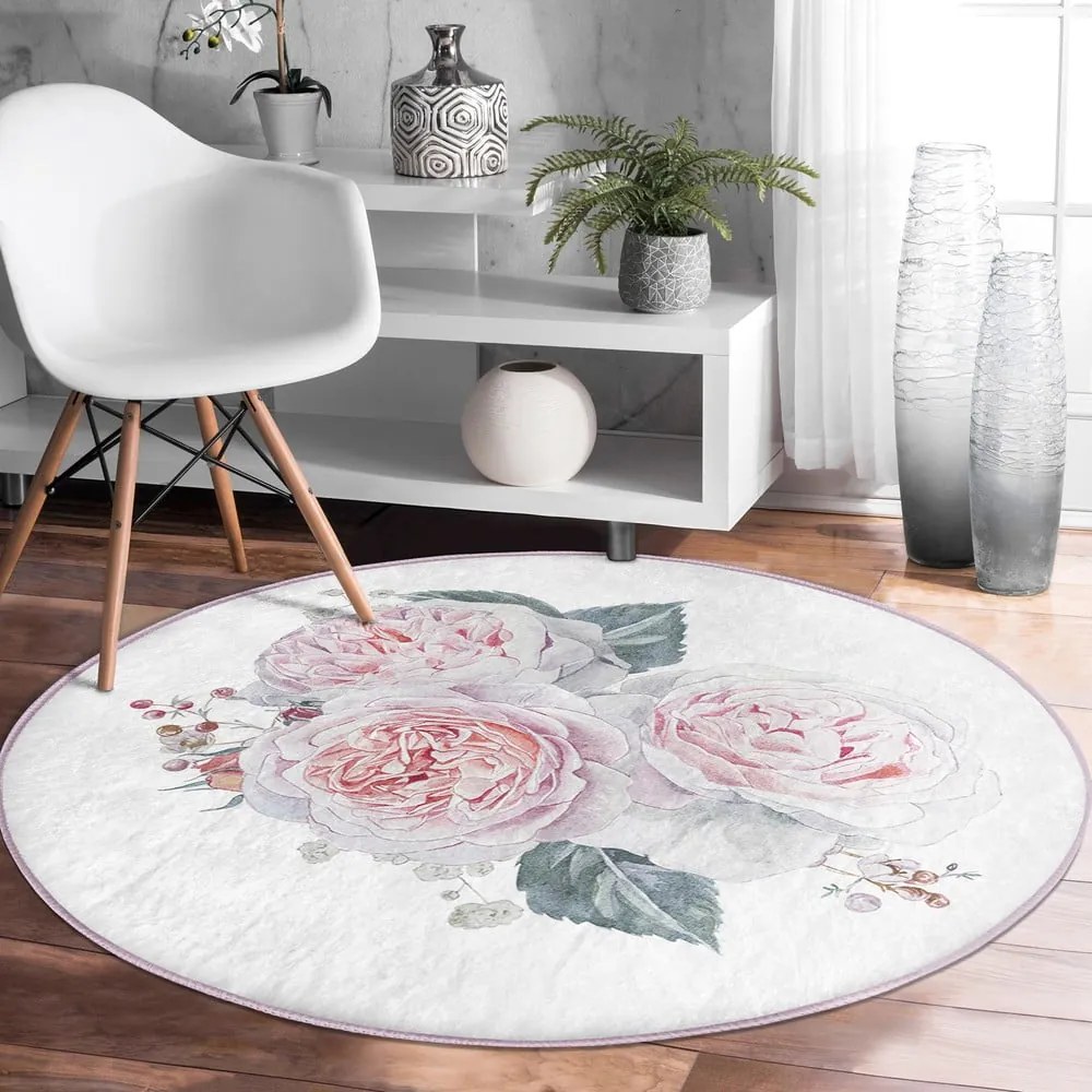 Fehér-rózsaszín mosható-robotporszívóval tisztítható kerek szőnyeg ø 120 cm Comfort – Mila Home