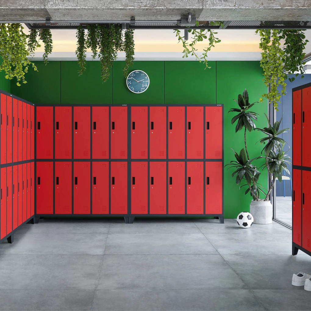 10 rekeszes öltözőszekrény lábakon BARTEK, 1360 x 1720 x 450 mm, antracit-piros