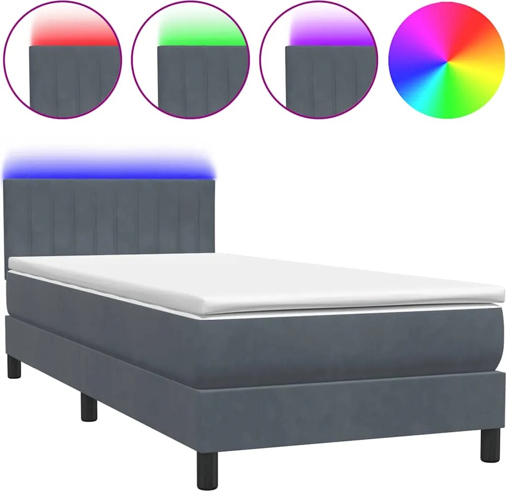vidaXL sötétszürke bársony rugós és LED-es ágy matraccal 80x210 cm