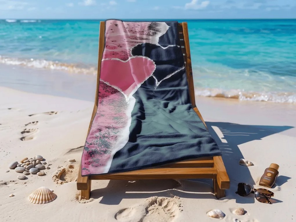 Gyorsan száradó tengerparti fürdőlepedő SEA OF HEARTS rózsaszín-fekete 70 x 140 cm, 100% mikroszál