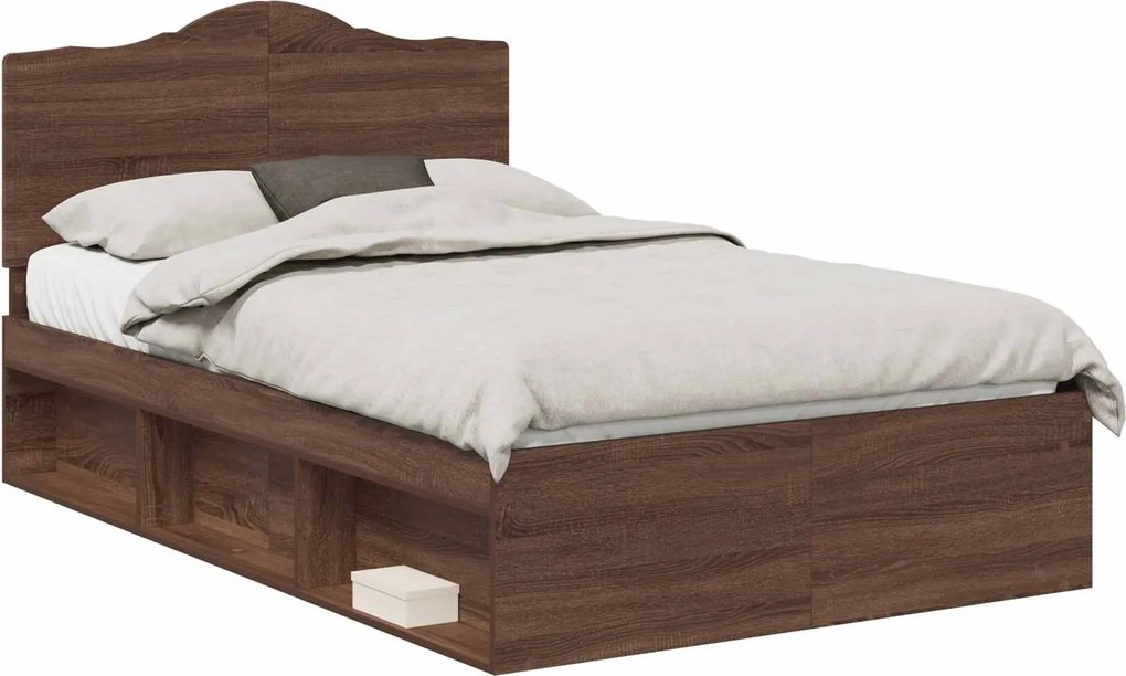 vidaXL Ágykeret fejtámlával Barna Tölgy 120 x 190 cm Tömör fenyőfa