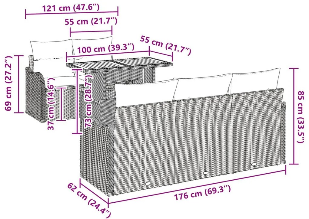 6 Darabos Kert-kanapé Szett Párnákkal Szürke Poly Rattan Akácfa, 2-Fős Kert-kanapé Párnákkal Szürke Poly Rattan