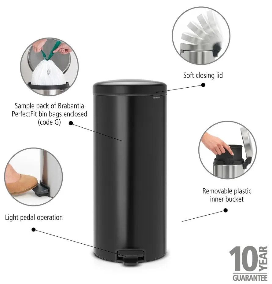 Matt fekete acél pedálos szemetes 30 l NewIcon – Brabantia