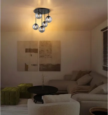 Globo 47441-5S Mennyezeti lámpa, fém matt fekete, füstszínű üveggolyók, ø: 380mm, M: 510mm, 5x E14 LED 25W 230V izzók nélkül