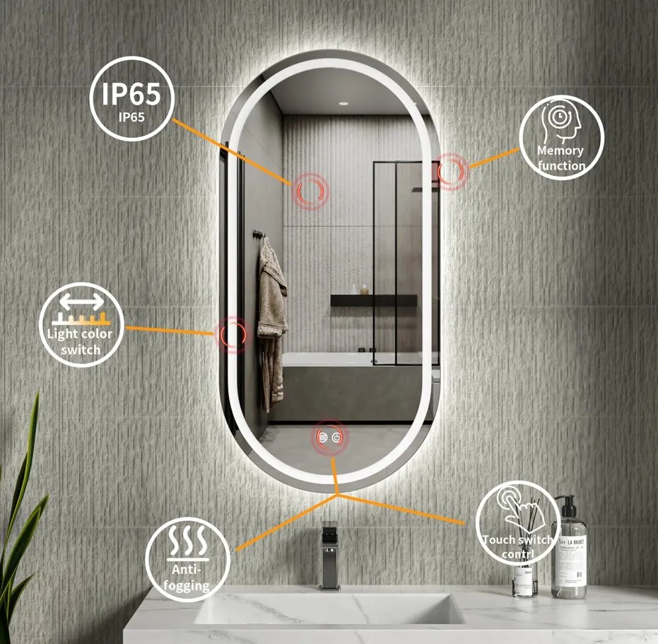 Erga Lyra, ovális LED tükör 50x100cm, 3 fényszín, első és hátsó világítás, páramentes fűtőpárna, ERG-V01-LYRA-5010-CL