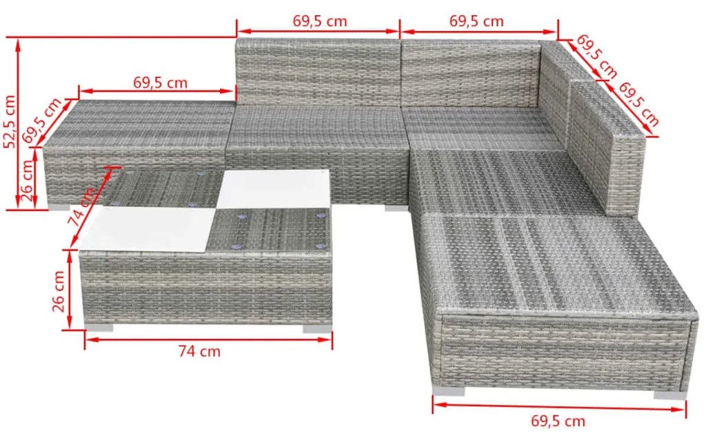 6-részes szürke polyrattan kerti bútorszett párnákkal