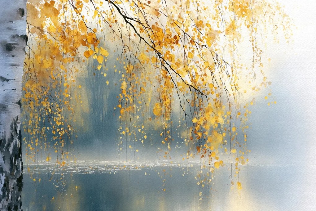 Fotótapéta Flizelina Akvarell Ősz Fa Nyírfa Víz 312x219 ragasztó