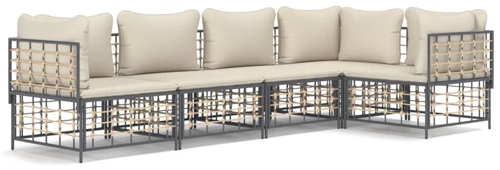 5 részes antracitszürke polyrattan kerti ülőgarnitúra párnákkal
