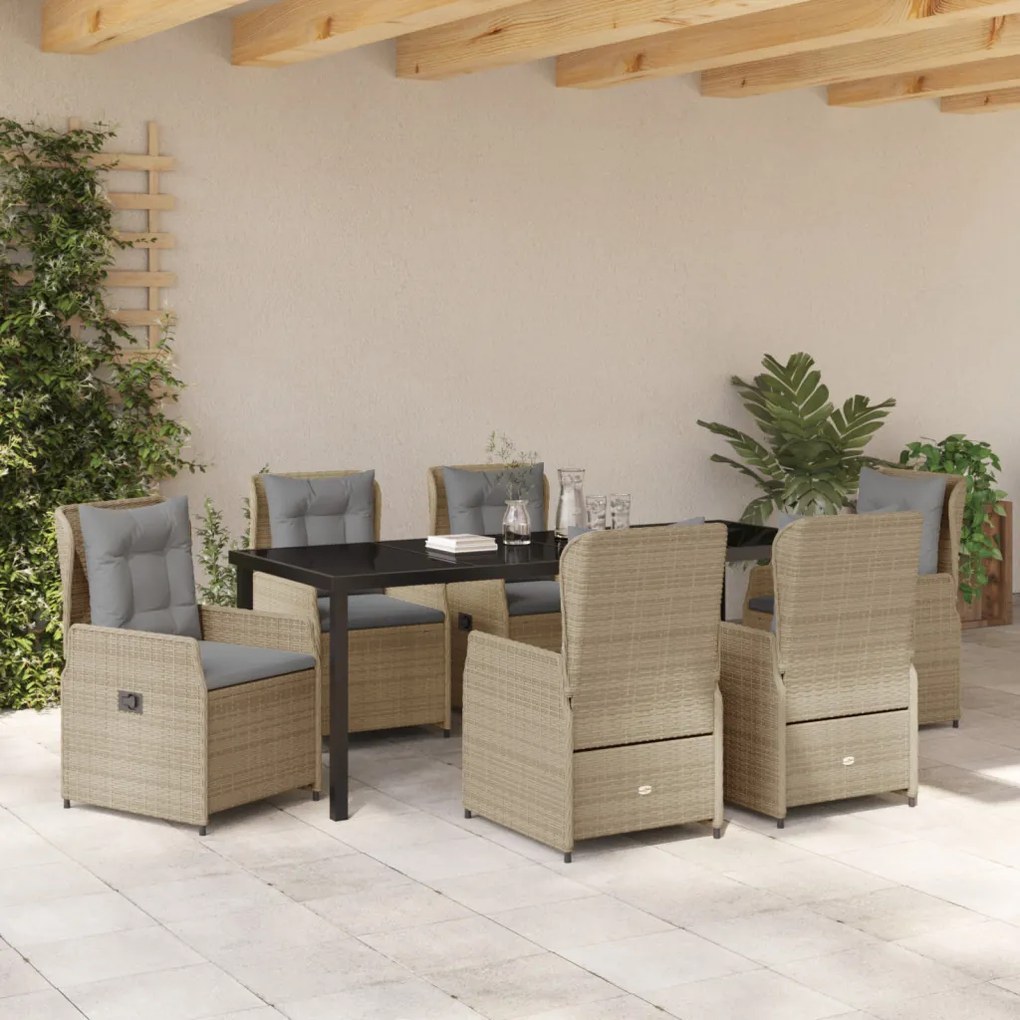 7 Darabos Kerti Étkezőszett Bézs Poli Rattan, Kerti Asztal Fekete 200x80x73 cm Edzett Üveg