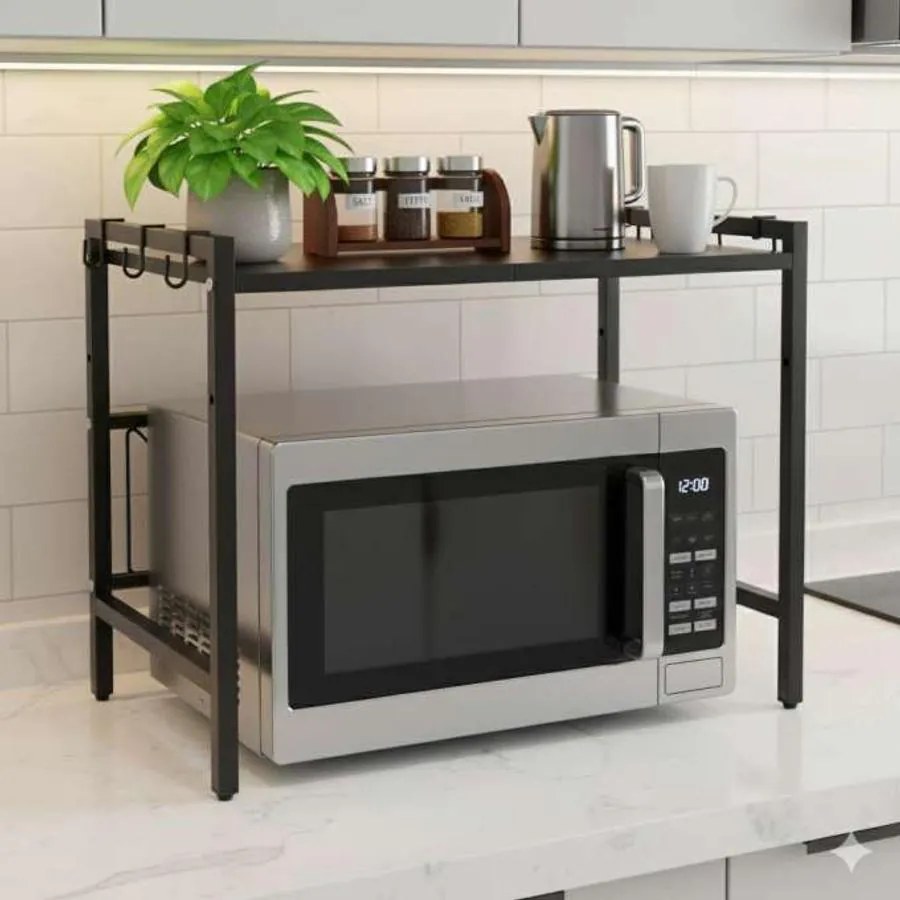 Állítható konyhai polc a mikro fölé – 6 akasztó, 63 x 43 x 36 cm