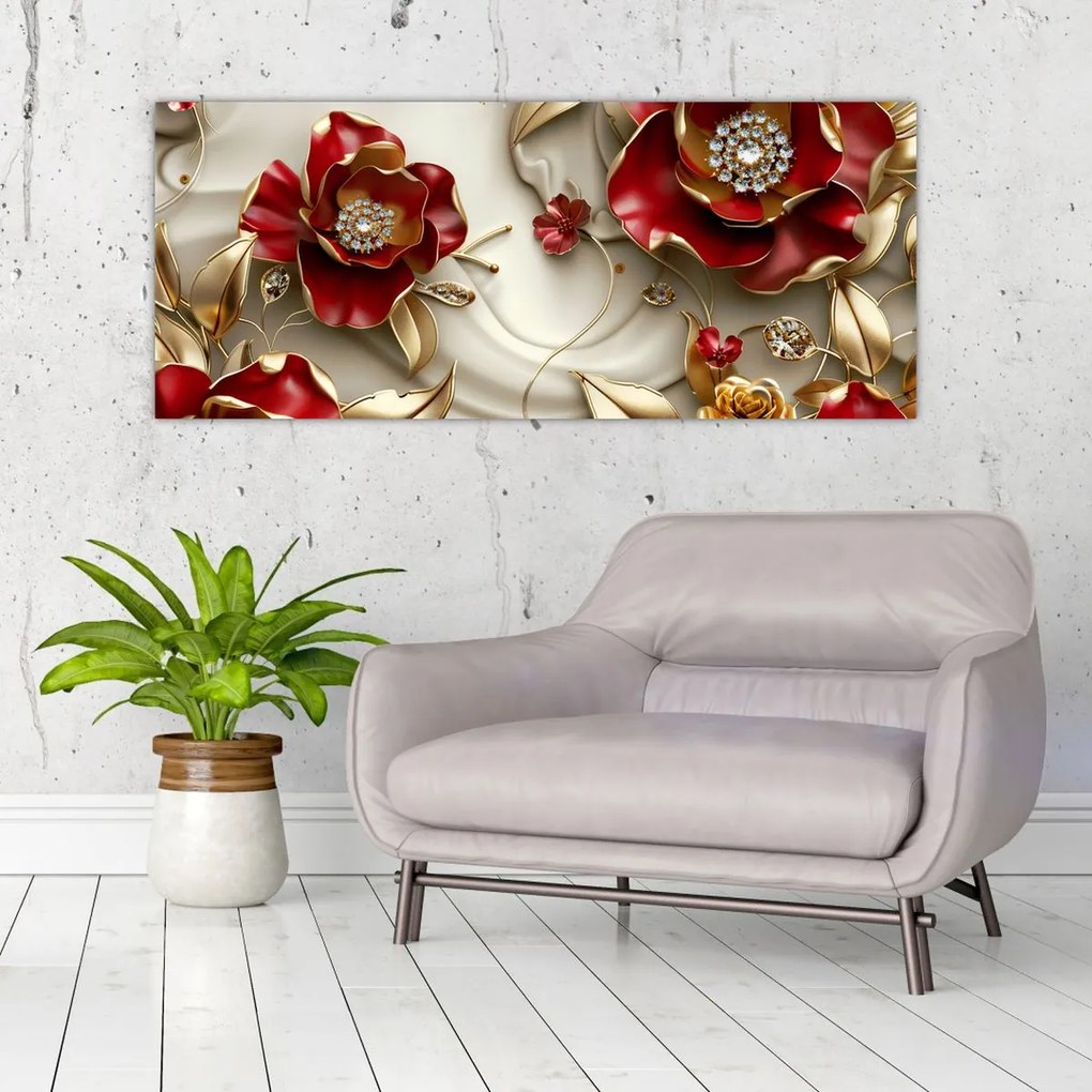 Kép - 3D piros-arany virágok (120x50 cm)