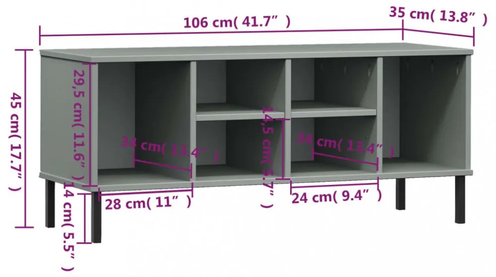 OSLO szürke tömör fa cipőszekrény fém lábakkal 106 x 35 x 45 cm