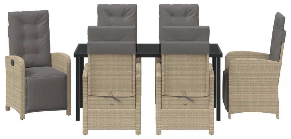 7 Darabos Kerti Étkezősor Párnákkal Bézs Poli Rattan, Kerti Asztal Fekete 160x80x73 cm Edzett Üveg