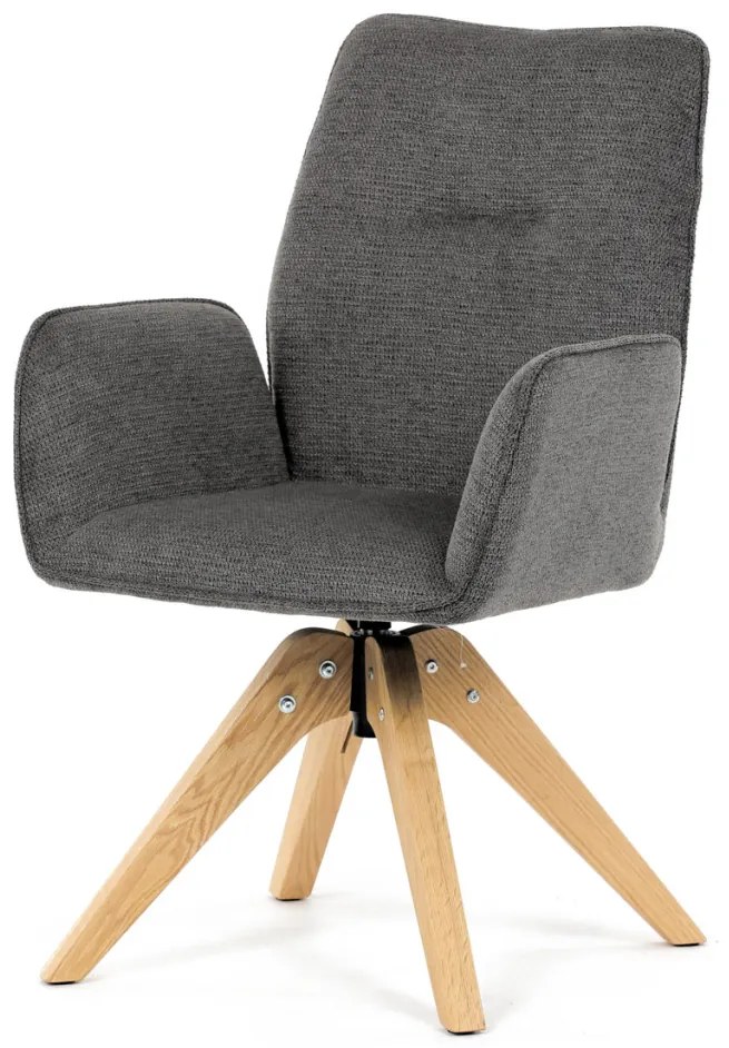 Scaun de sufragerie cu cotiere, din material hidrofug gri închis, cu picioare de stejar, rotativ la 360°